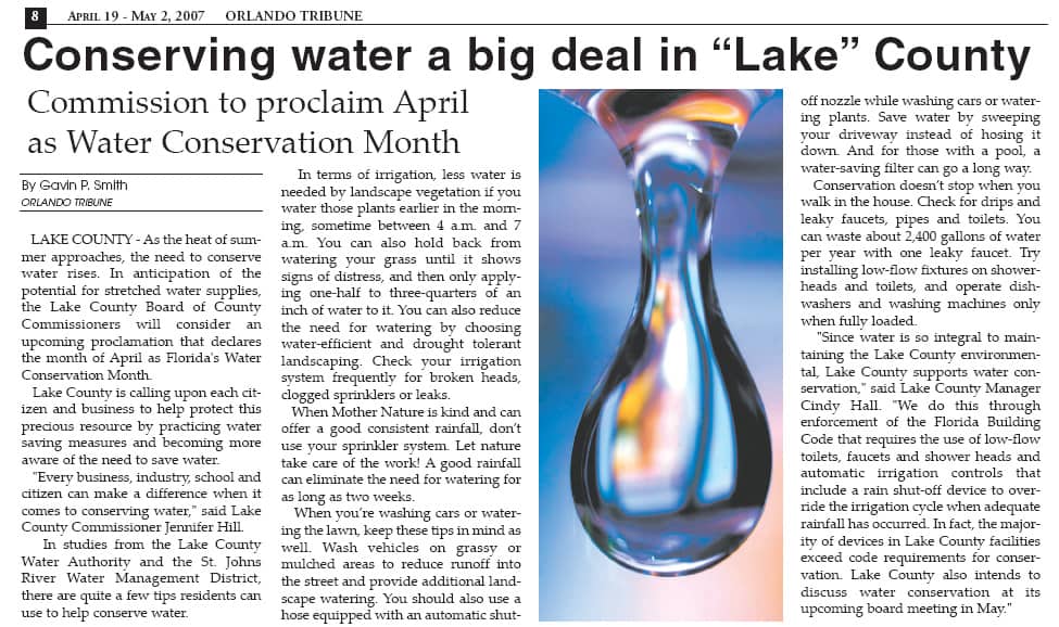 Conserving Water a Big Deal in Lake County - Orlando Tribune 2007 - Gavin P Smith
